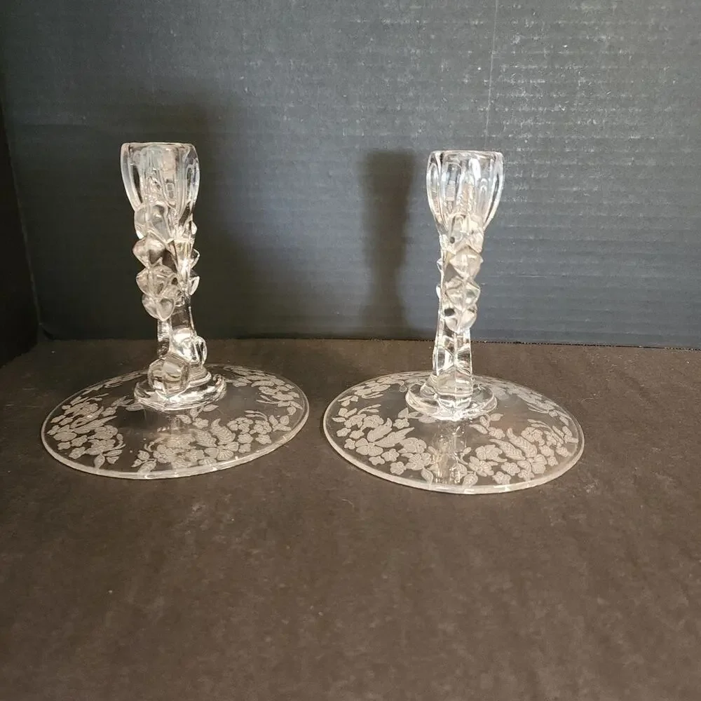 Florentine New Martinsville Pair Candlesticks Etched Elegant Depression Glass
